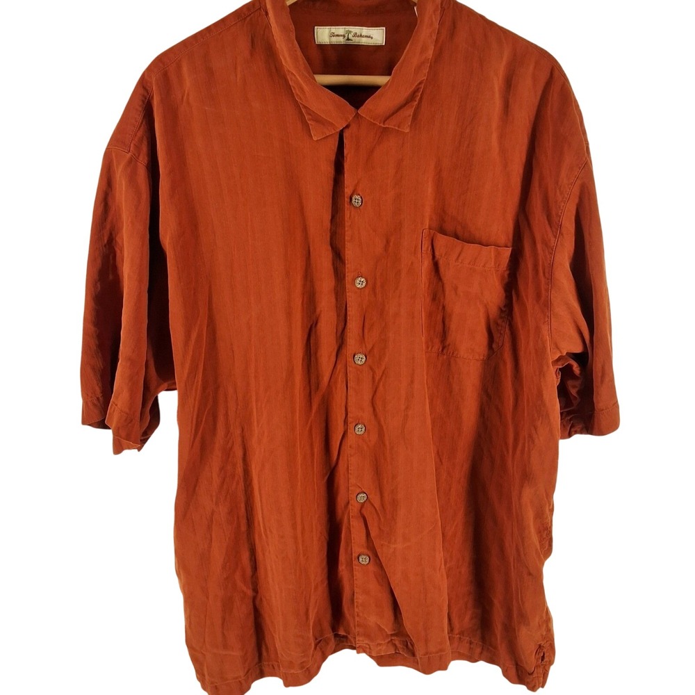 Tommy Bahama Men XXL Rust Orange Silk Textured Short Sleeve Camp Shirt Resort